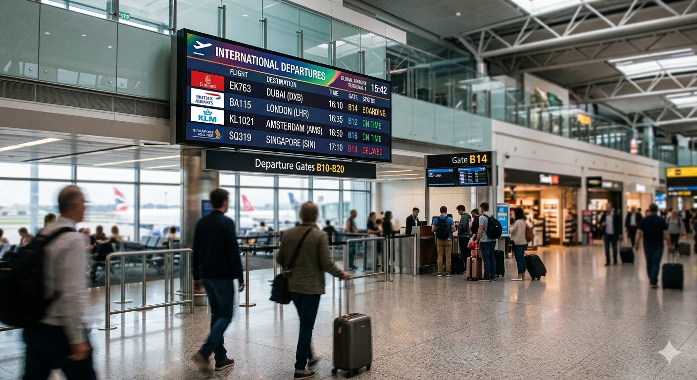A busy airport terminal with a nextdooh-driven international departures board