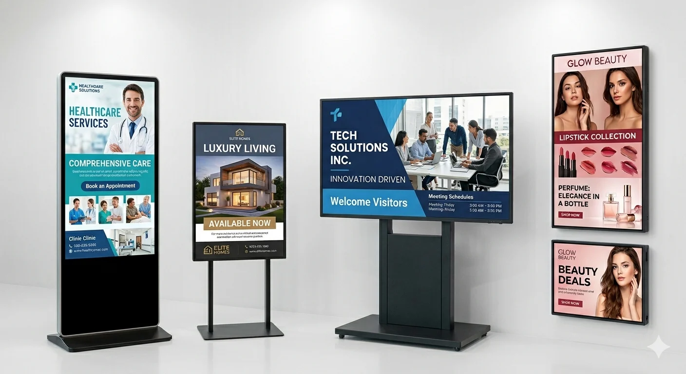 Digital signage running across standees and screens — healthcare, real estate, corporate and retail